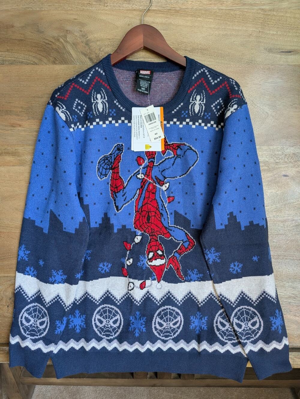 NWT Marvel Sweater Mens MD Blue Knit Spiderman Upsidedown Holiday Long Sleeve